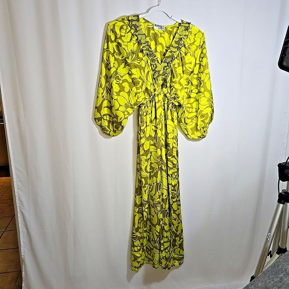 Bucket List Size Small Neon Yellow Khaki Botanical Print Jumpsuit Boho Slinky